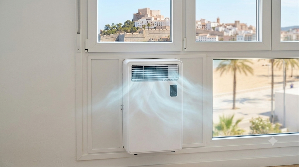 Window air conditioner installed in a bright Mediterranean apartment