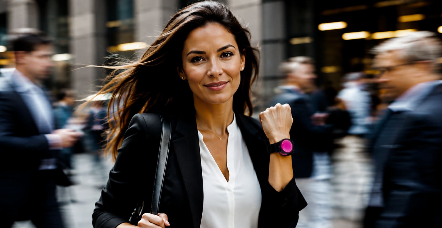 A woman moving briskly through a city crowd, a magenta WearSpray band on her wrist