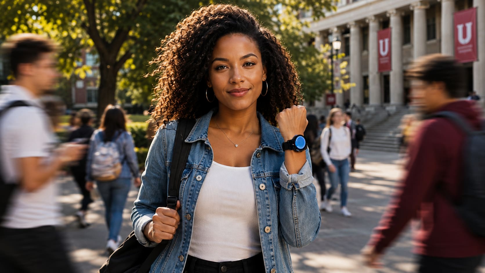 A university student crossing a sunlit campus wearing a blue WearSpray band