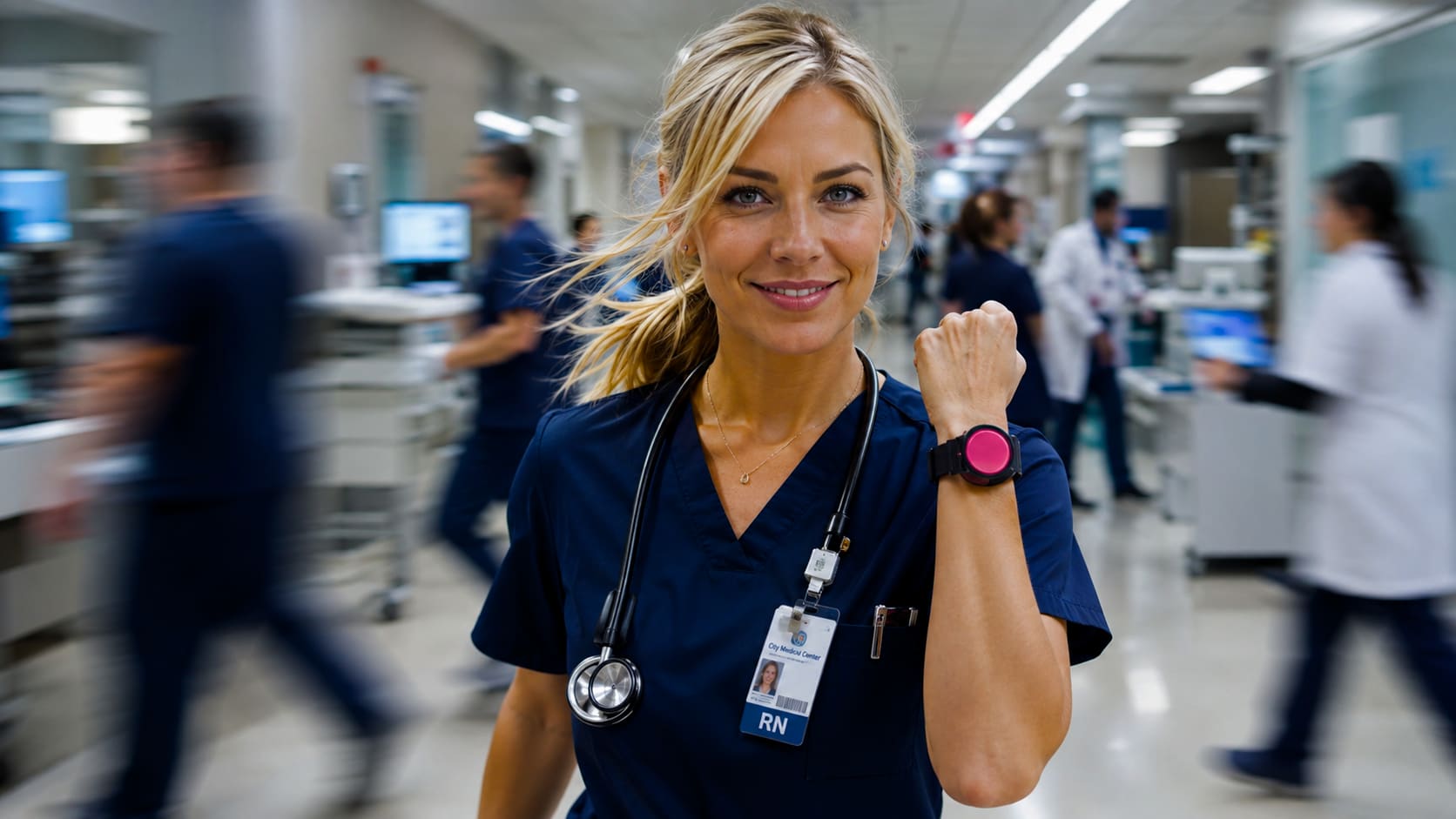 A nurse in navy scrubs on a busy hospital floor, raising her wrist to show a magenta WearSpray band