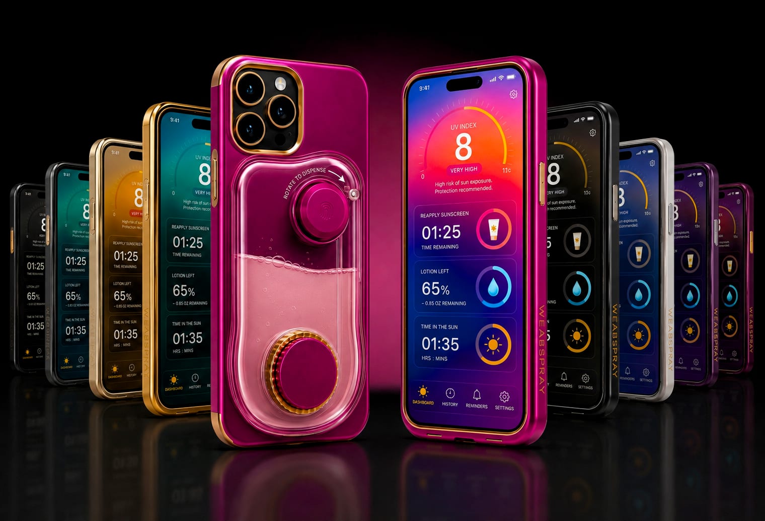 Concept render of magenta smartphone cases with a built-in refillable WearSpray reservoir and a companion app showing a personal care dashboard