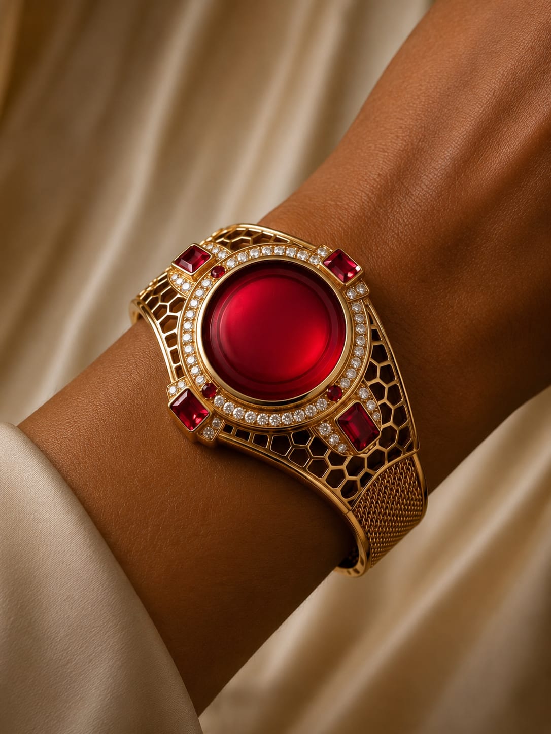 Luxury ruby-and-gold gem-set smartwatch dispenser concept