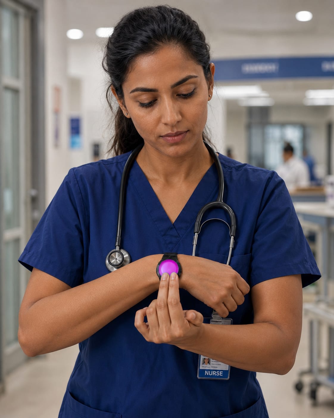 A hospital nurse pressing the glowing magenta face of her WearSpray band on a busy ward