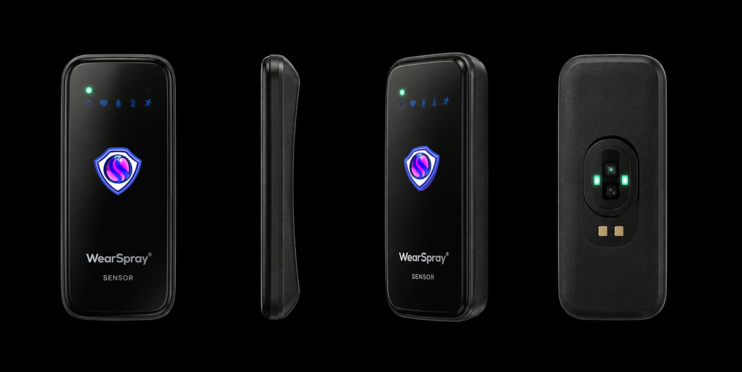 Four views of the WearSpray sensor module: front, side profile, three-quarter, and back showing the PPG optical window and charging contacts