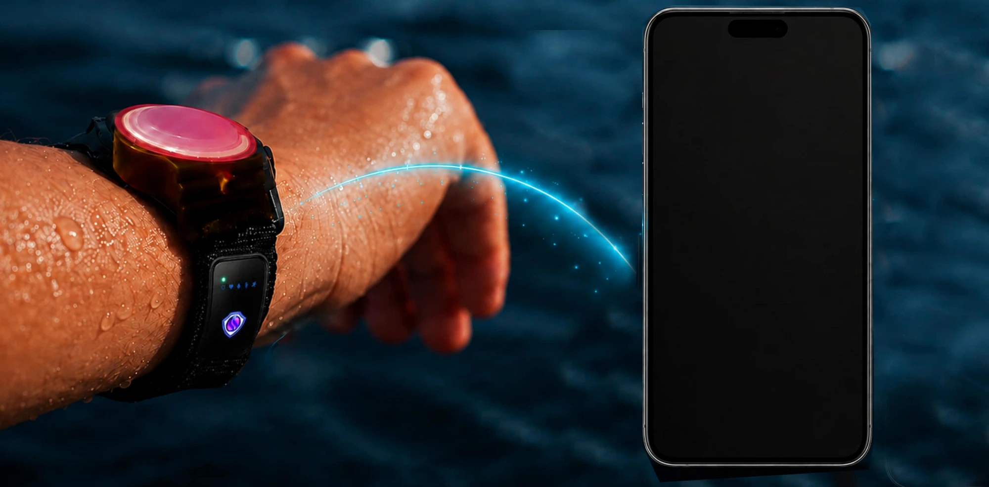 The WearSpray band sending its signal to a smartphone showing the live WearSpray Sun interface