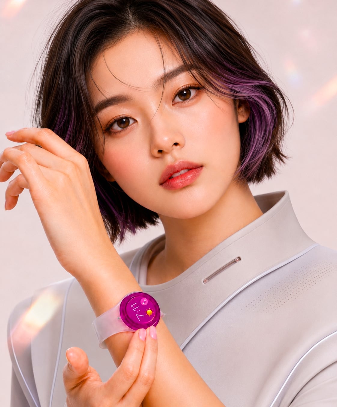 A model with purple-toned hair wearing a translucent WearSpray band with a glowing magenta face