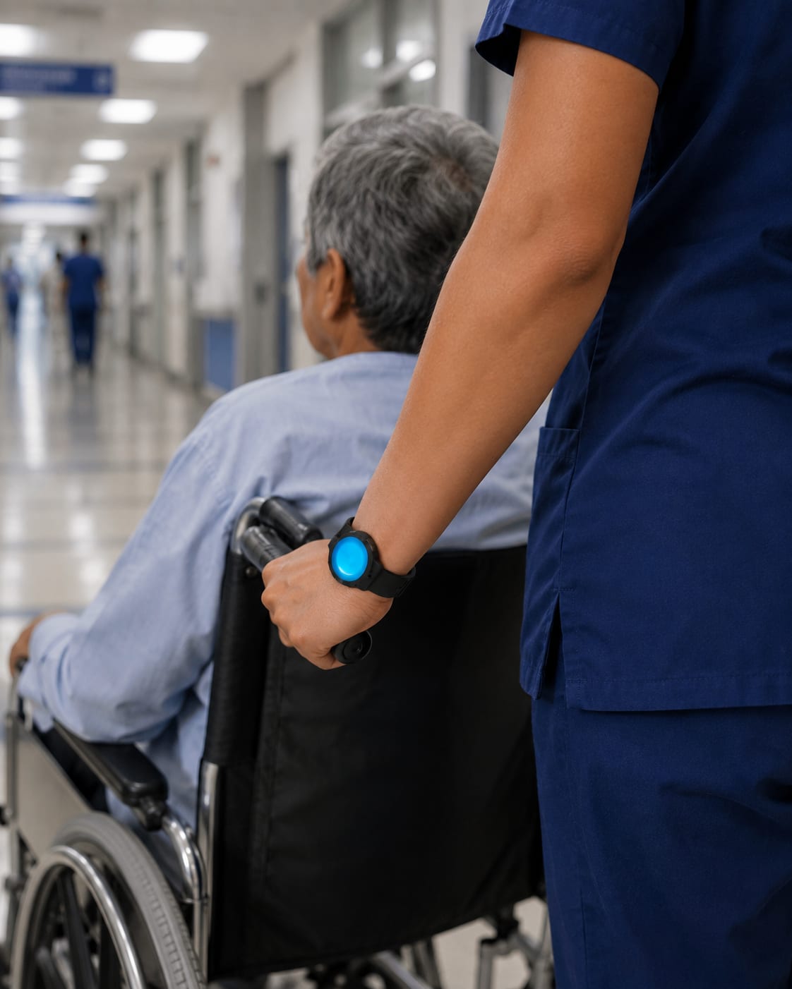 A nurse wearing a WearSpray band pushing a patient in a wheelchair down a hospital hallway