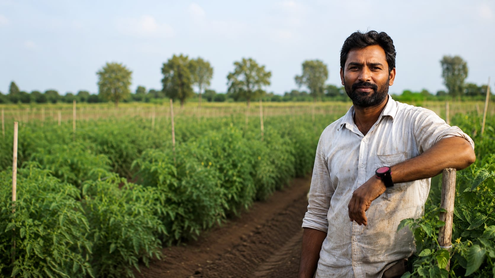 An agricultural worker standing in his crop field, wearing a WearSpray band on his wrist