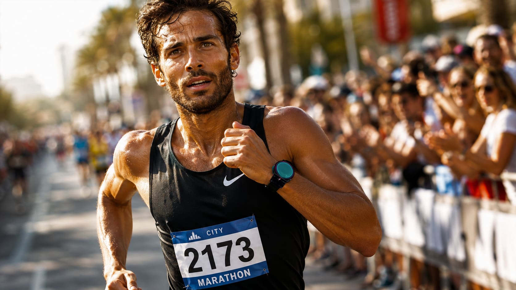 A marathon runner mid-race wearing a WearSpray band on his wrist