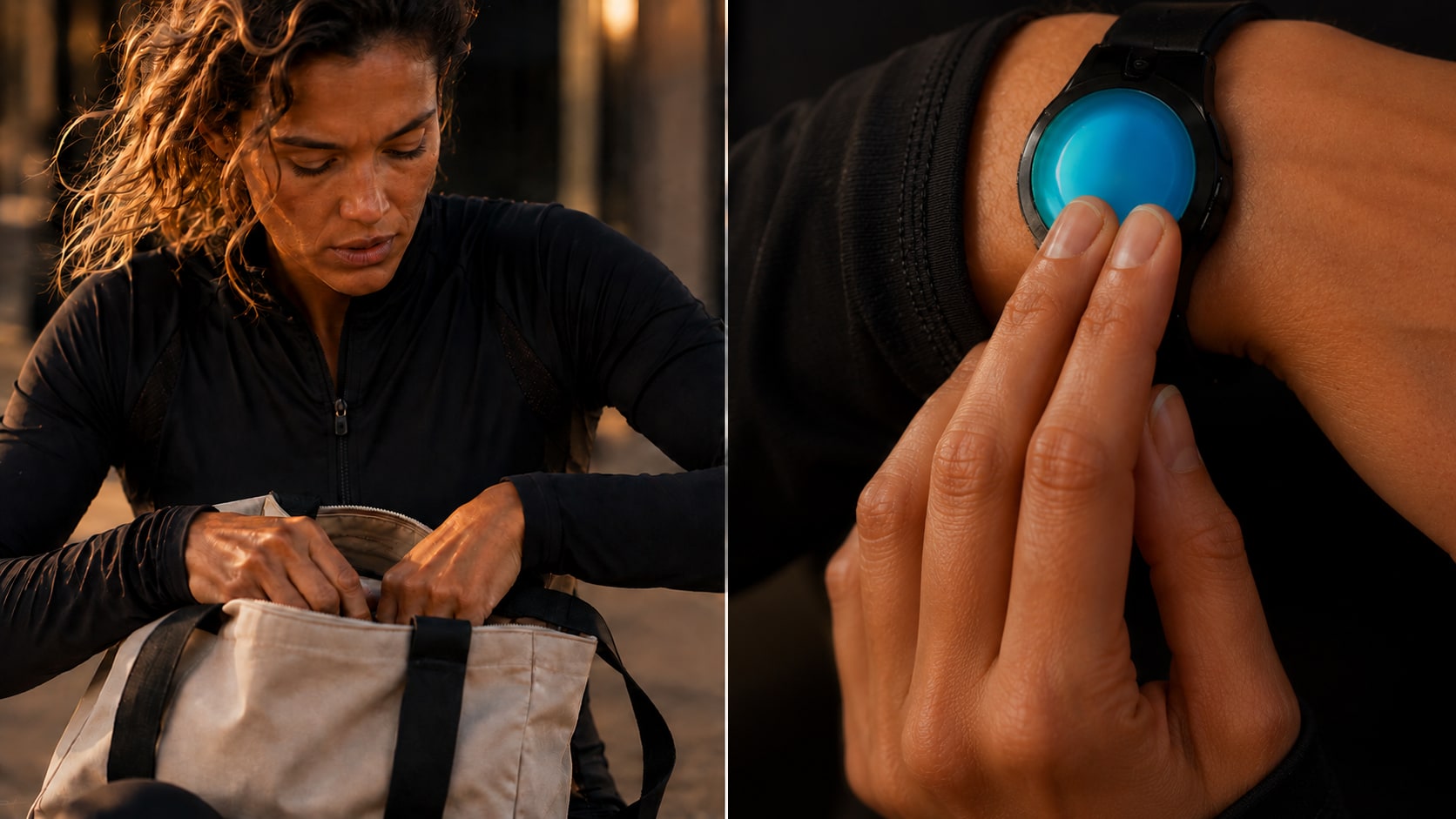 Left: searching a bag. Right: one press on the blue face.