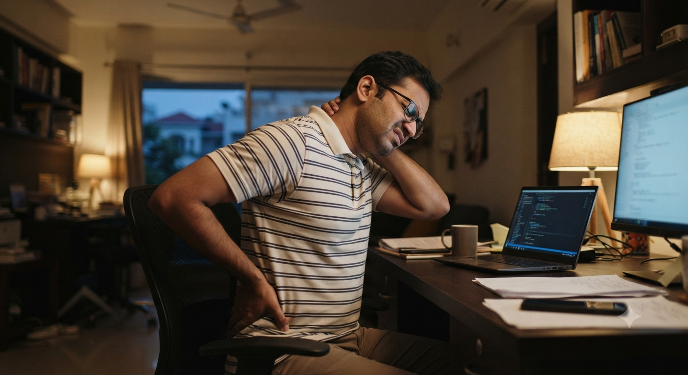 Bangalore work-from-home IT professional with lower back pain at desk with city traffic map searching back pain physiotherapy near me Bangalore