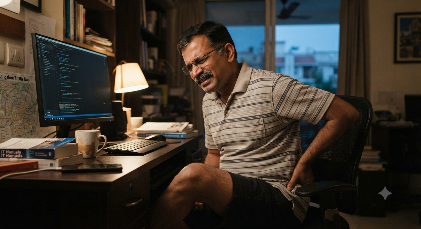 Bangalore IT professional holding neck and lower back after long coding session searching for physiotherapy near me Bangalore