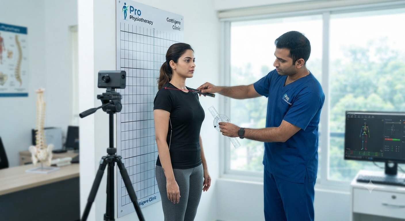 Text neck syndrome treatment Bangalore — cervical postural assessment with goniometer at Pro Physiotherapy Gottigere Clinic