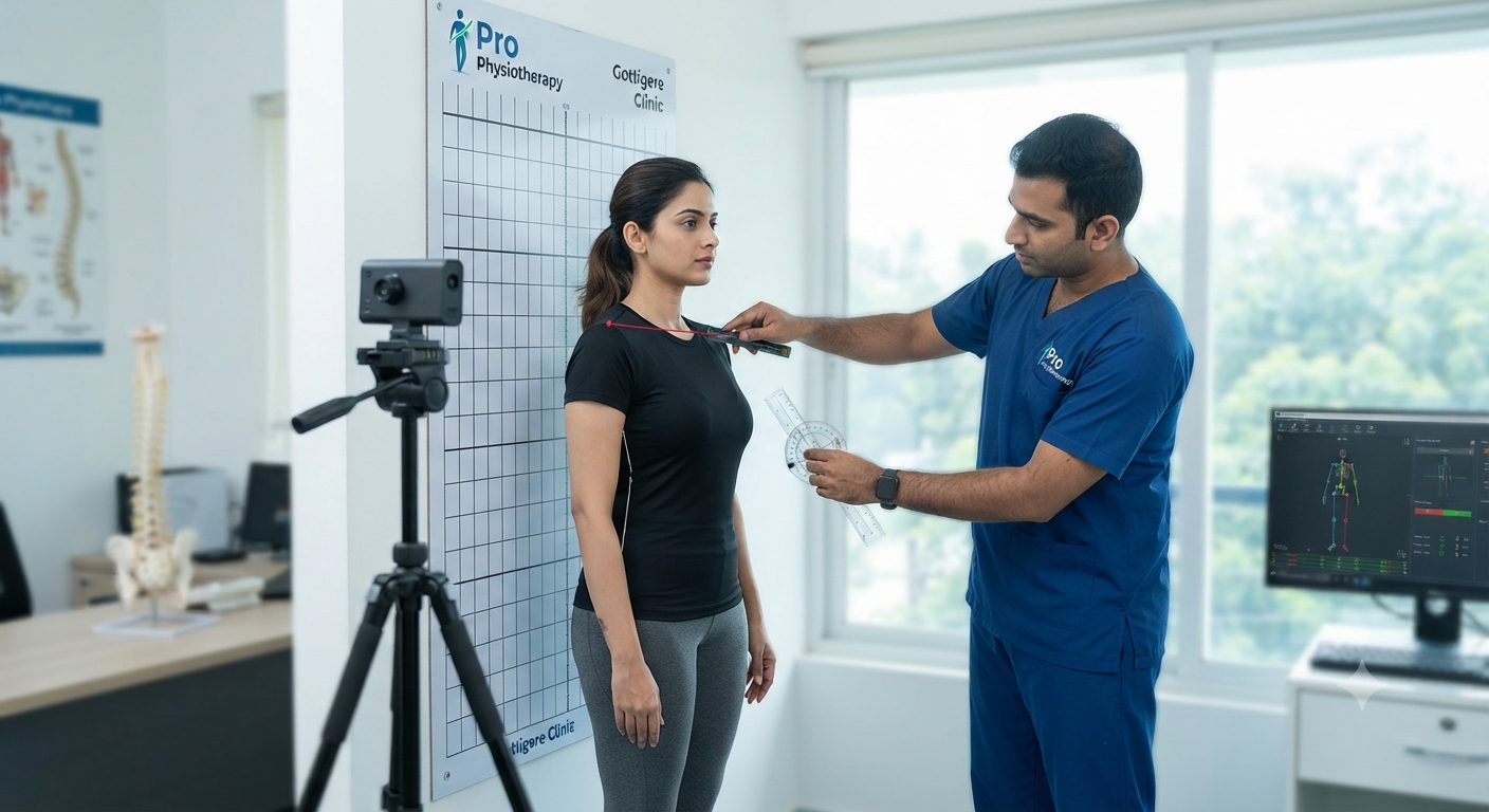 Ergonomic workspace consultation Bangalore — physiotherapist using posture camera and goniometer for WFH assessment