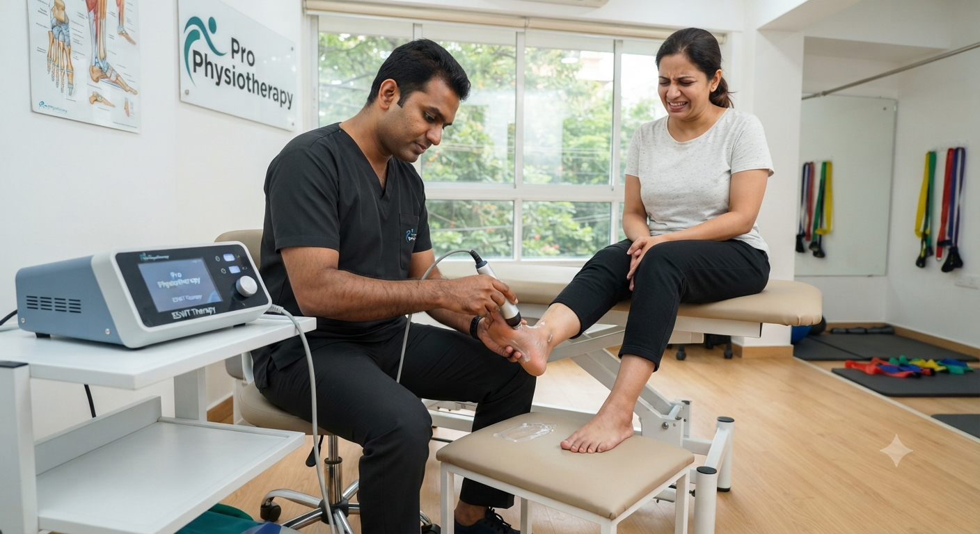 Plantar fasciitis treatment JP Nagar — ESWT shockwave therapy applied to female patient’s heel at Pro Physiotherapy