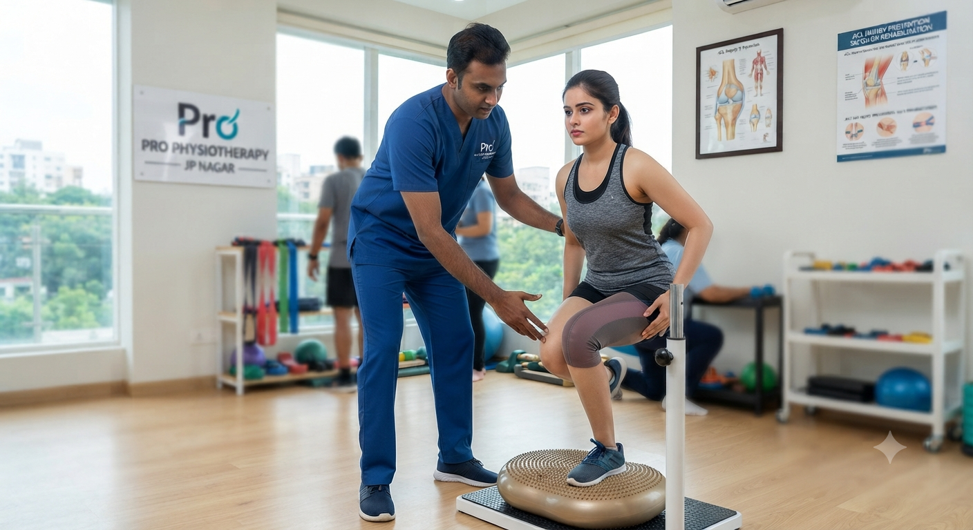 Osteoarthritis knee physiotherapy Bangalore — patient performing BOSU balance and knee-strengthening exercise at Pro Physiotherapy