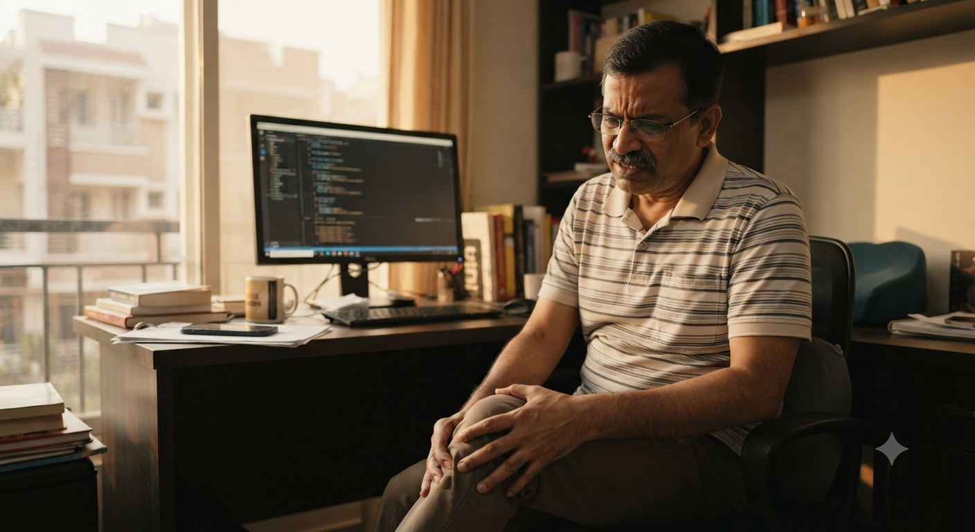 Bangalore desk worker holding knee in pain during work-from-home session searching knee pain physiotherapy near me Bangalore