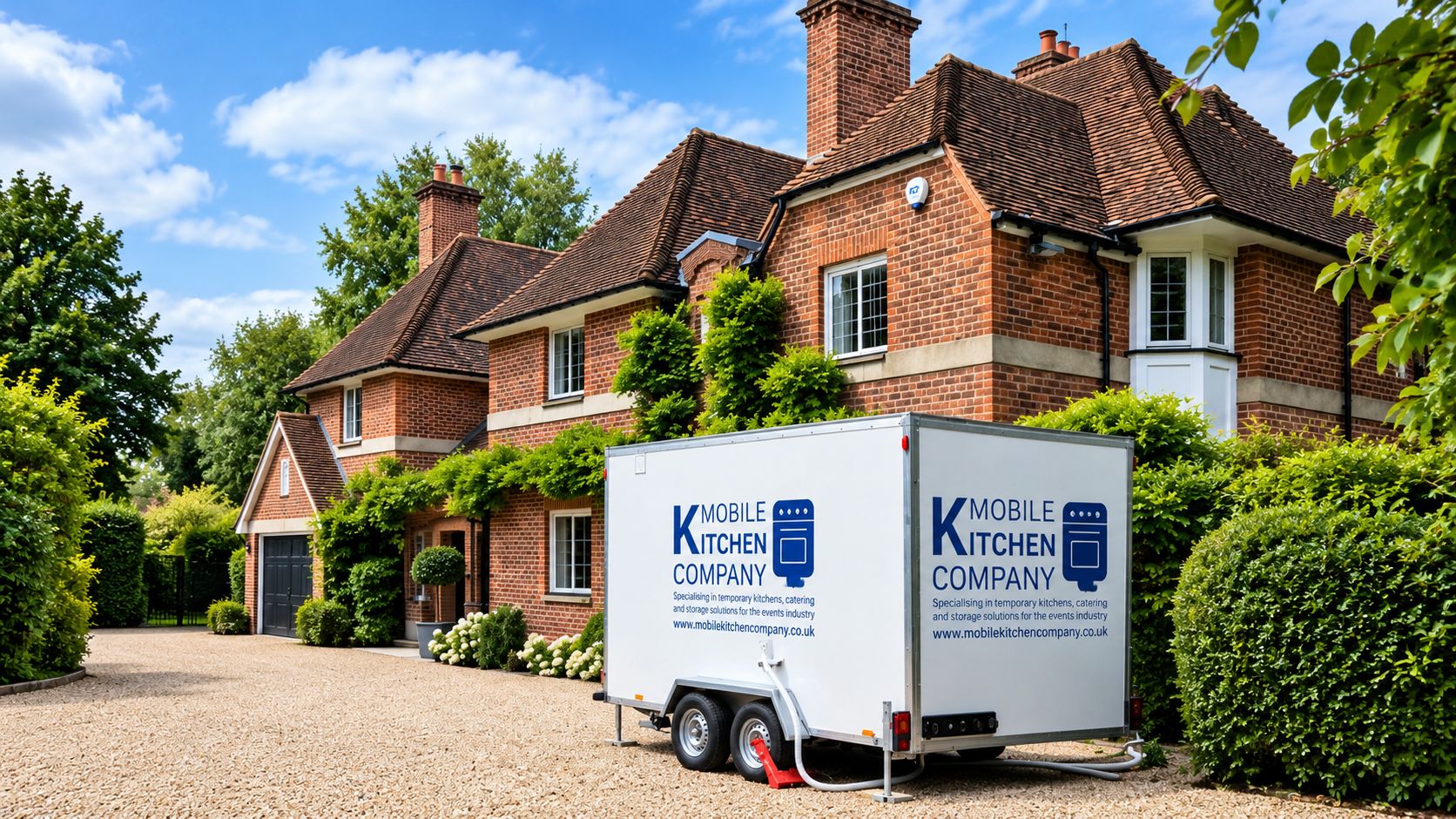 Mobile kitchen trailer delivered to a customer's driveway by Mobile Kitchen Company