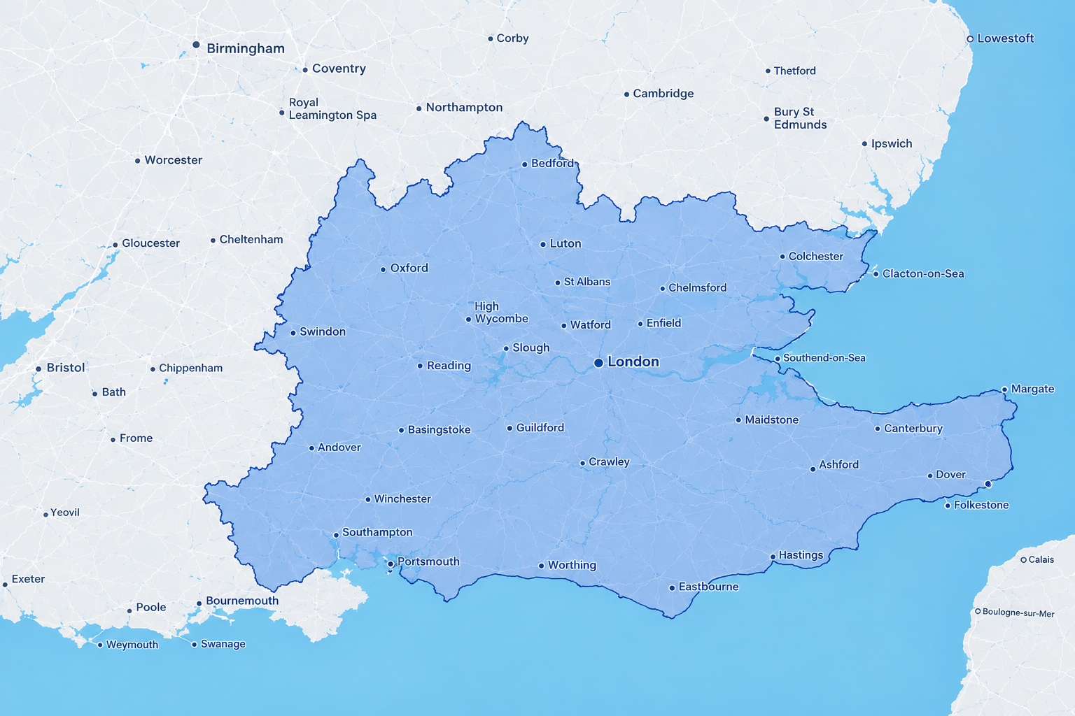 Map of the Mobile Kitchen Company service area across Surrey and South West London