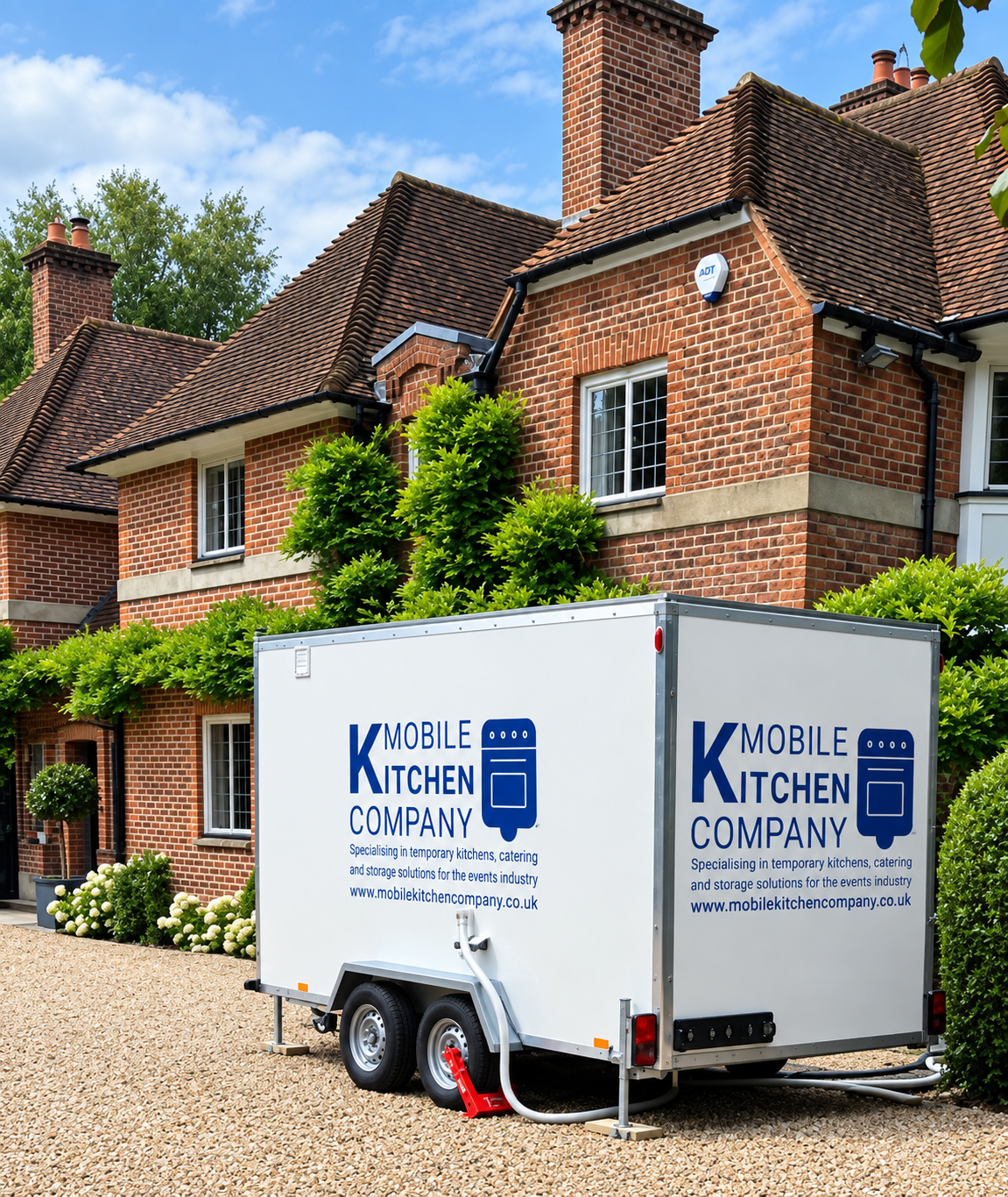 Mobile kitchen trailer delivered to a customer's driveway by Mobile Kitchen Company