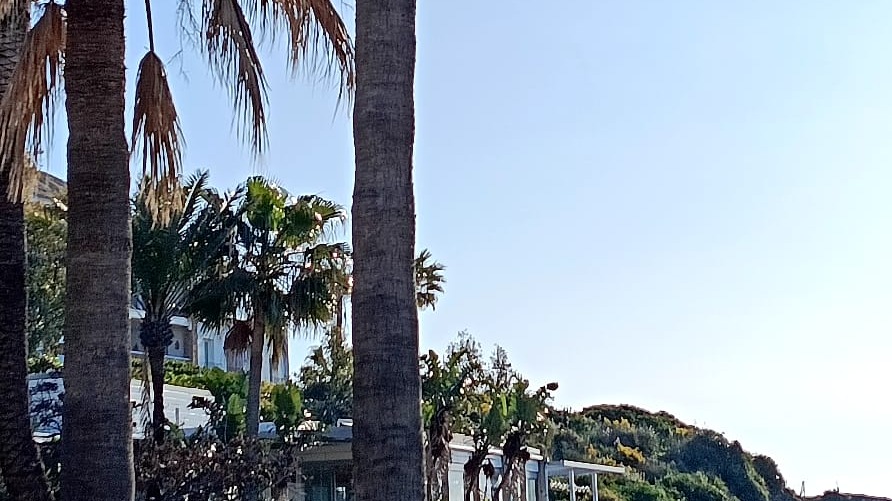 Cliffs and low-rise buildings behind the beach at Casares Costa